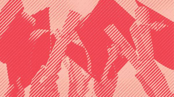 A group of hands hold up graduation caps and diplomas with a red stripped treatment applied