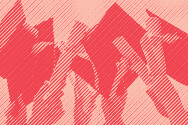 A group of hands hold up graduation caps and diplomas with a red stripped treatment applied