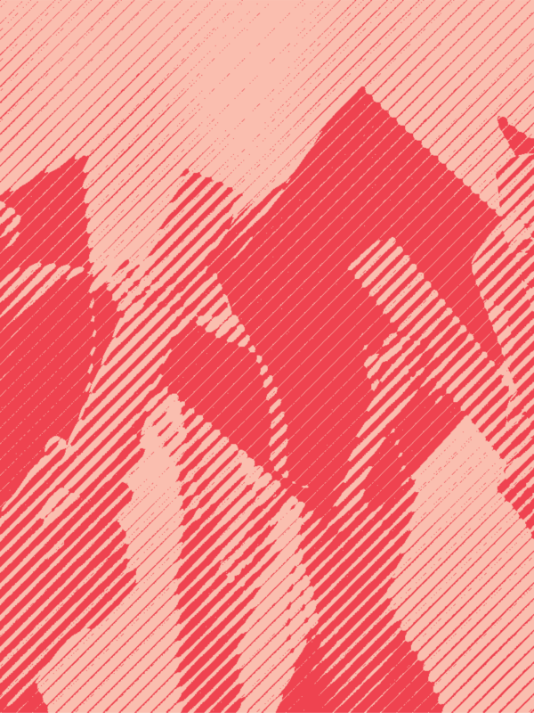 A group of hands hold up graduation caps and diplomas with a red stripped treatment applied