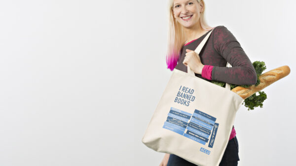 ACLU Model holding Banned Books Bag