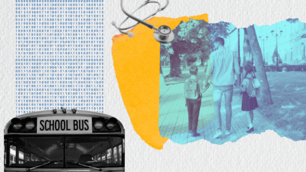 A collage of a school bus, a family walking, and a stethescope.