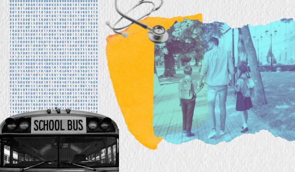 A collage of a school bus, a family walking, and a stethescope.