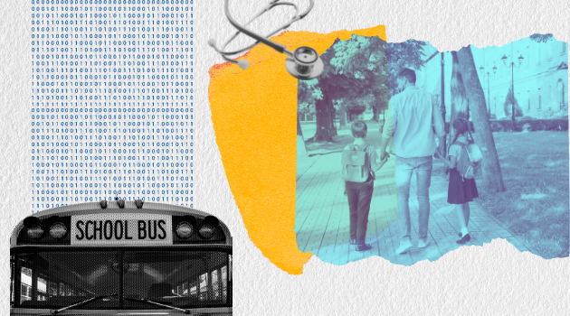 A collage of a school bus, a family walking, and a stethescope.