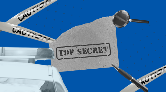 A collage of a police car, caution tape, and a piece of paper stamped with "TOP SECRET" against a blue background