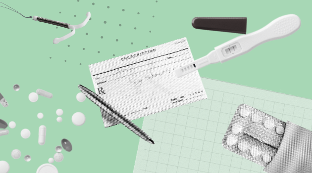 A collage of a prescription pad, an IUD, pregnancy test, and birth control pills