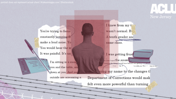 A collage of a man with his back to the viewer, surrounded by images of textbooks, pens, tests, and a scraps of paper that contains quotes.