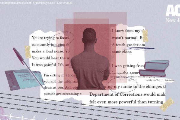 A collage of a man with his back to the viewer, surrounded by images of textbooks, pens, tests, and a scraps of paper that contains quotes.