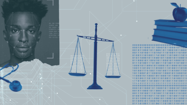 A collage of a scale of justice balancing binary codes, an image of a black man being scanned by facial recognition technology, a stethescope, a stack of books and an apple