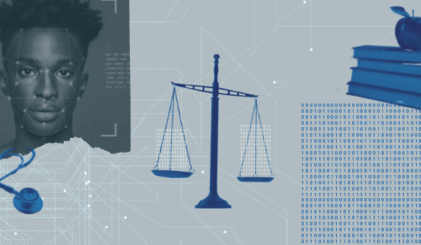 A collage of a scale of justice balancing binary codes, an image of a black man being scanned by facial recognition technology, a stethescope, a stack of books and an apple