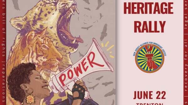 An illustration of a dark-skinned person yelling into a bullhorn against a backdrop of a panther, a tiger, a lion roaring into the air is set next to words "Immigrant Heritage Rally June 22 in Trenton"