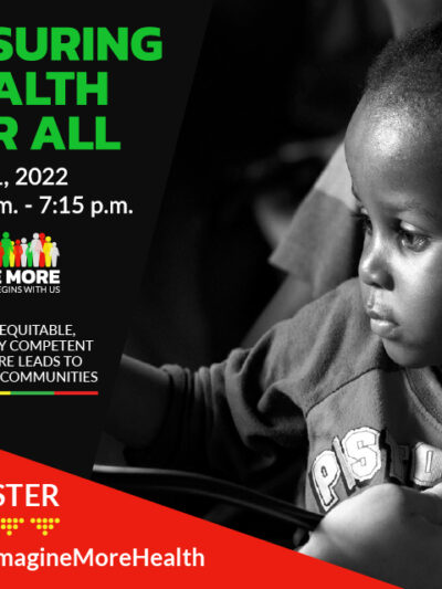 An event flyer reading: ensuring health for all set against a dark backdrop of a young Black child