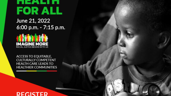 An event flyer reading: ensuring health for all set against a dark backdrop of a young Black child