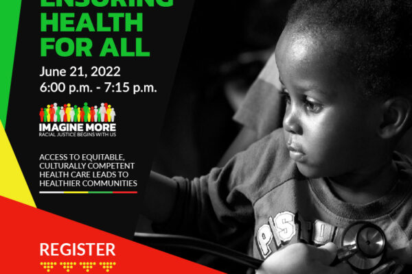 An event flyer reading: ensuring health for all set against a dark backdrop of a young Black child