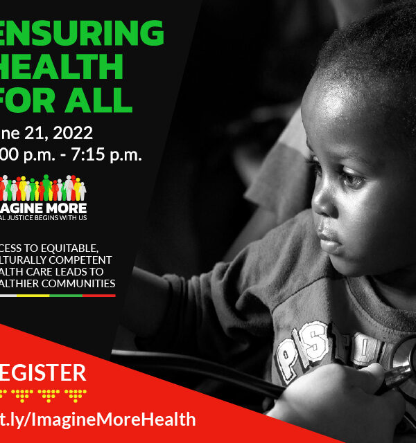 An event flyer reading: ensuring health for all set against a dark backdrop of a young Black child