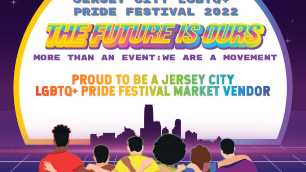 A group of people are standing side by side, with their arms flung on each others' shoulders as they look at a cityscape and a horizon ahead. There is text on the horizon that reads "August 27th Jersey City LGBTQ+ Pride Festival 2022, The Future is Ours"