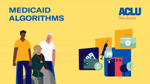 an illustration with a yellow background and text that reads: Medicaid Algorithms. A group of three people, including a person sitting down in a wheelchair is at the foreground. On the right, there is a collage of pills, syringe, and a medical toolbox.