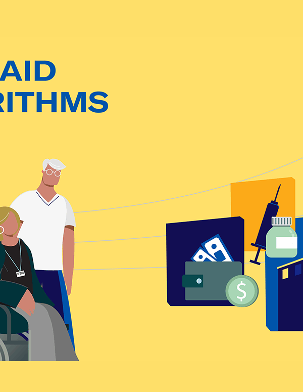 an illustration with a yellow background and text that reads: Medicaid Algorithms. A group of three people, including a person sitting down in a wheelchair is at the foreground. On the right, there is a collage of pills, syringe, and a medical toolbox.