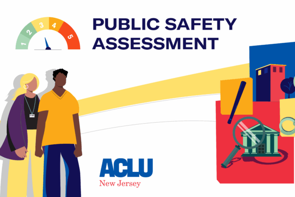 An illustrated collage of two people standing next to each other as they look at a horizon containing a smaller collection of images containing a court house, magnifying glass, a building, and handcuffs. The image also reads: Public Safety Assessment