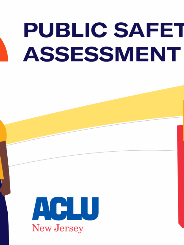 An illustrated collage of two people standing next to each other as they look at a horizon containing a smaller collection of images containing a court house, magnifying glass, a building, and handcuffs. The image also reads: Public Safety Assessment