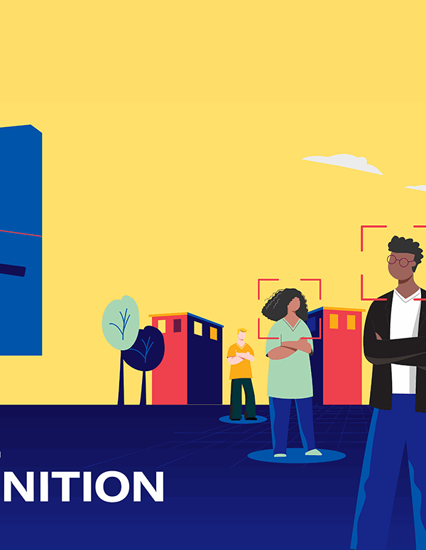 An illustration of a group of people standing against a city backdrop, with boxes framed around their faces, as if they're being targeted by surveillance.