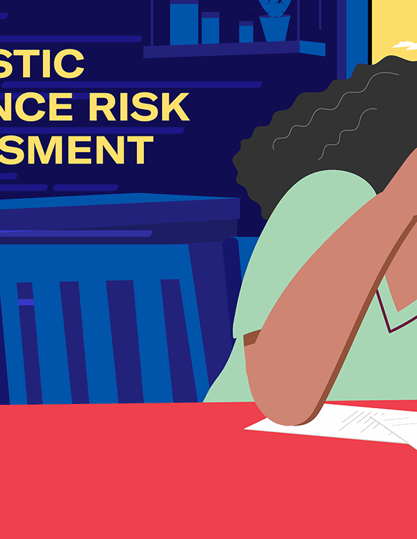 An illustration of a woman who is sitting at a table with scattered papers in front of her. She is resting her head in her hands, in distress,