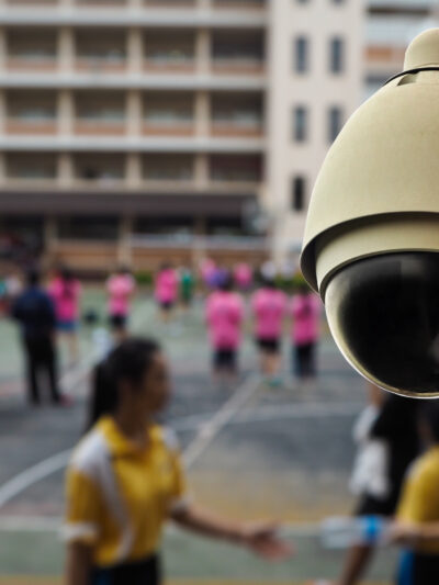 In the foreground, a security camera is situated against a background of students playing during recess