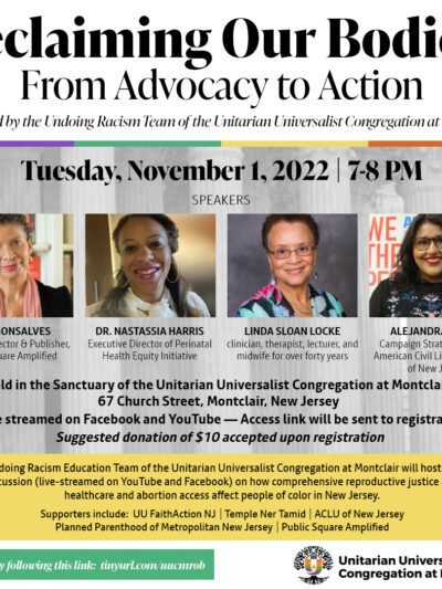 An event flyer reading: Reclaiming Our Bodies: from advocacy to action. Underneath the event details, there are four headshots of all the speakers.