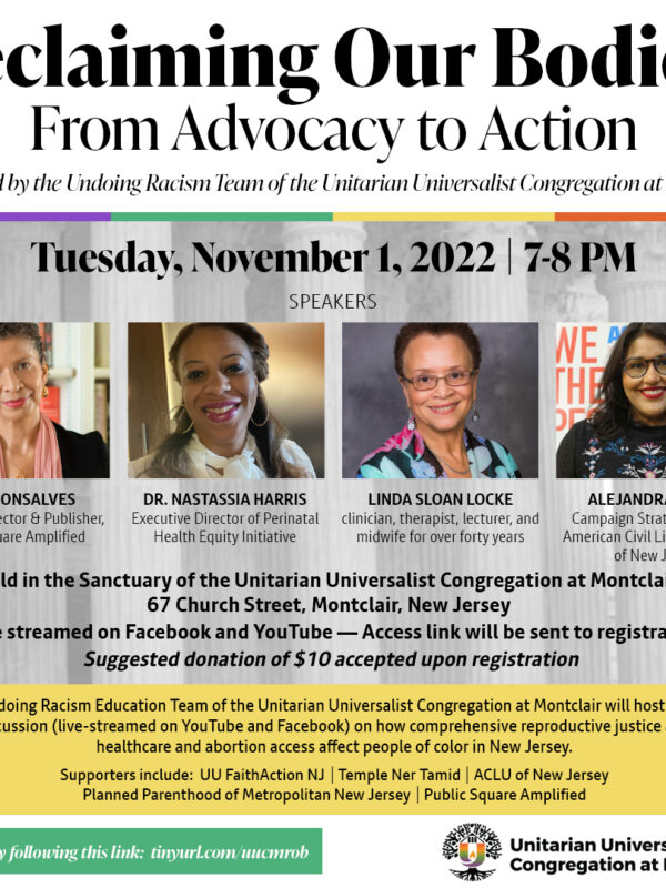 An event flyer reading: Reclaiming Our Bodies: from advocacy to action. Underneath the event details, there are four headshots of all the speakers.