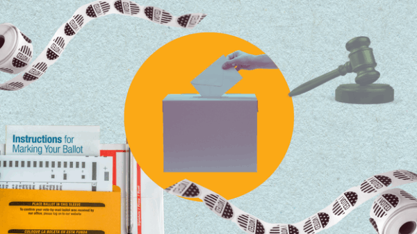 A collage of a ballot box in the center, with voting registration forms, "I voted" stickers, and a gavel