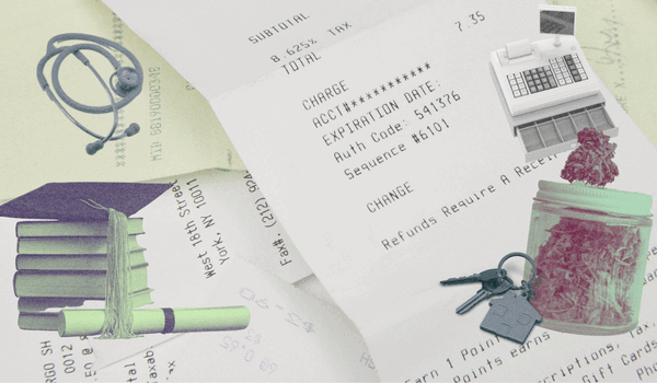 A collage of receipts, cannabis, house keys, stethescope, a stack of books and a graduation cap