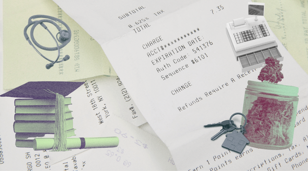 A collage of receipts, cannabis, house keys, stethescope, a stack of books and a graduation cap