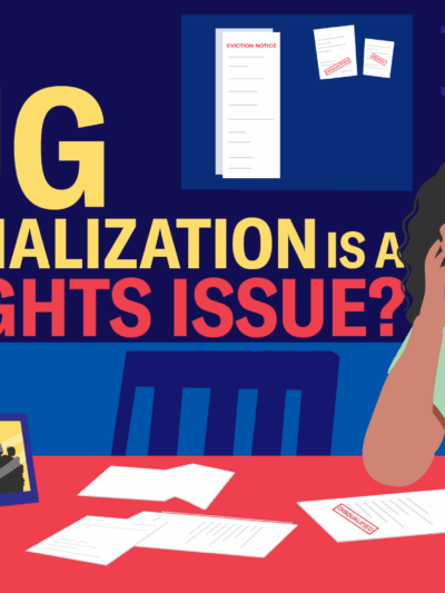 An illustration of a woman who is sitting at a table with scattered papers in front of her. She is resting her head in her hands, in distress. Large text is overlaid on the left side reading "Did you know: drug decriminalization is a civil rights issue?"