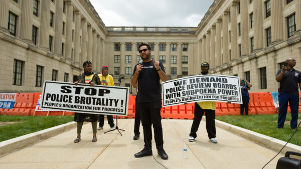 ACLU-NJ Amol Sinha addresses supporters gathered at the Statehouse to rally for police reform legislation.