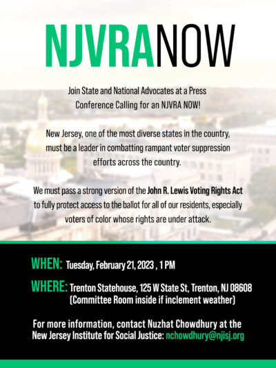 An event flyer that reads "NJVRA NOW" at the top with details of the event. When: Tuesday, February, 21, 2023, 1pm. Where: Trenton Statehouse, 125 State St. Trenton, NJ.