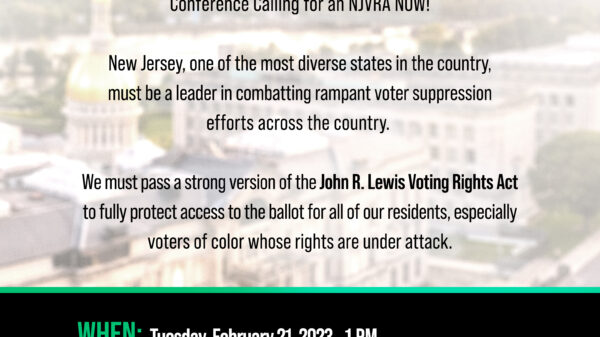 An event flyer that reads "NJVRA NOW" at the top with details of the event. When: Tuesday, February, 21, 2023, 1pm. Where: Trenton Statehouse, 125 State St. Trenton, NJ.