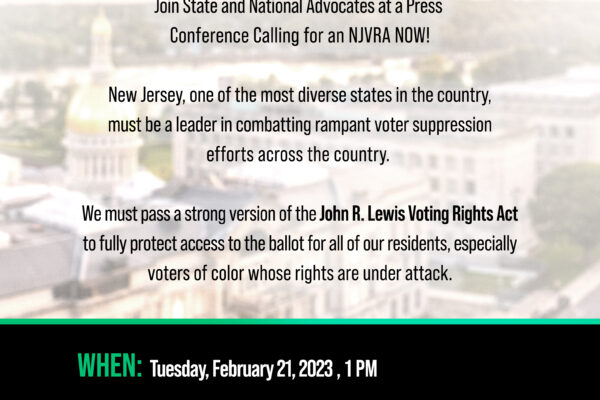 An event flyer that reads "NJVRA NOW" at the top with details of the event. When: Tuesday, February, 21, 2023, 1pm. Where: Trenton Statehouse, 125 State St. Trenton, NJ.