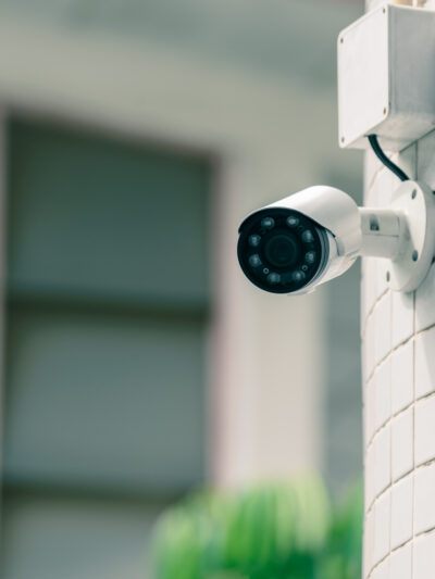 A photo of a camera mounted to a wall outside.
