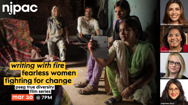 An event flyer that shows a woman being interviewed as another woman records using a cellphone. Three other women are pictured in the background.