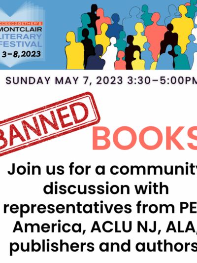 An event flyer reads: Banned Books. Join us for a community discussion with representatives from PEN America, ACLU NJ, ALA, publishers, and authors.