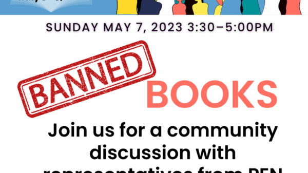 An event flyer reads: Banned Books. Join us for a community discussion with representatives from PEN America, ACLU NJ, ALA, publishers, and authors.