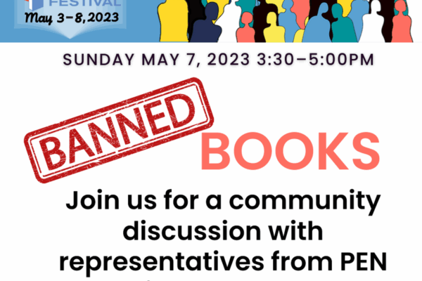 An event flyer reads: Banned Books. Join us for a community discussion with representatives from PEN America, ACLU NJ, ALA, publishers, and authors.