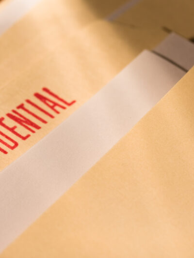 A manila folder with a bright red "confidential" stamp is laid out on a table.