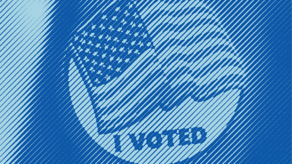 A woman holds up an "I voted" sticker with a blue stripped treatment applied.