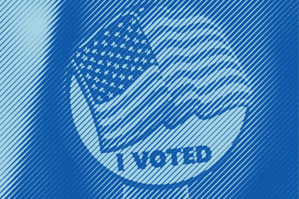 A woman holds up an "I voted" sticker with a blue stripped treatment applied.