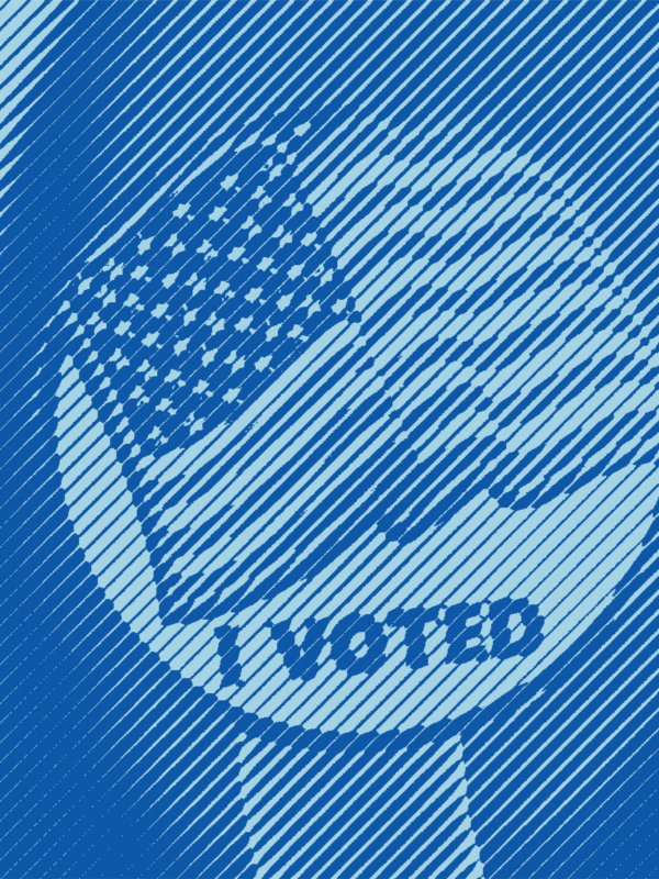 A woman holds up an "I voted" sticker with a blue stripped treatment applied.