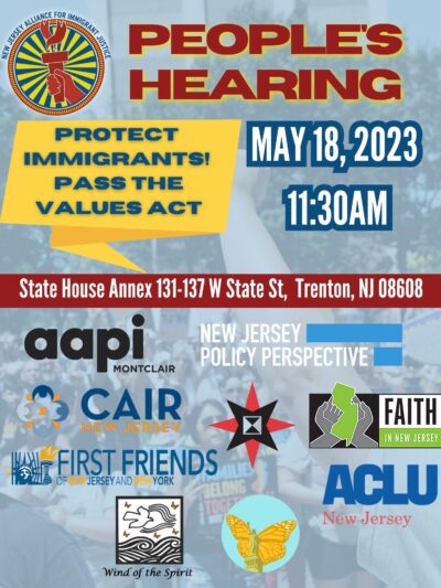 Flyer for May 18th event, People's Hearing to Pass the Values Act in Trenton at 11:30a