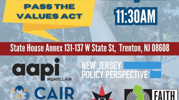 Flyer for May 18th event, People's Hearing to Pass the Values Act in Trenton at 11:30a