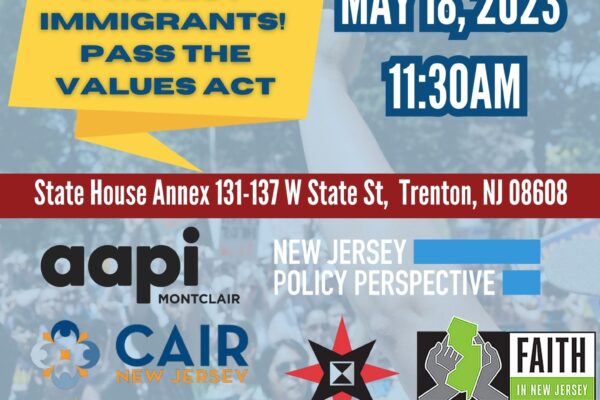 Flyer for May 18th event, People's Hearing to Pass the Values Act in Trenton at 11:30a