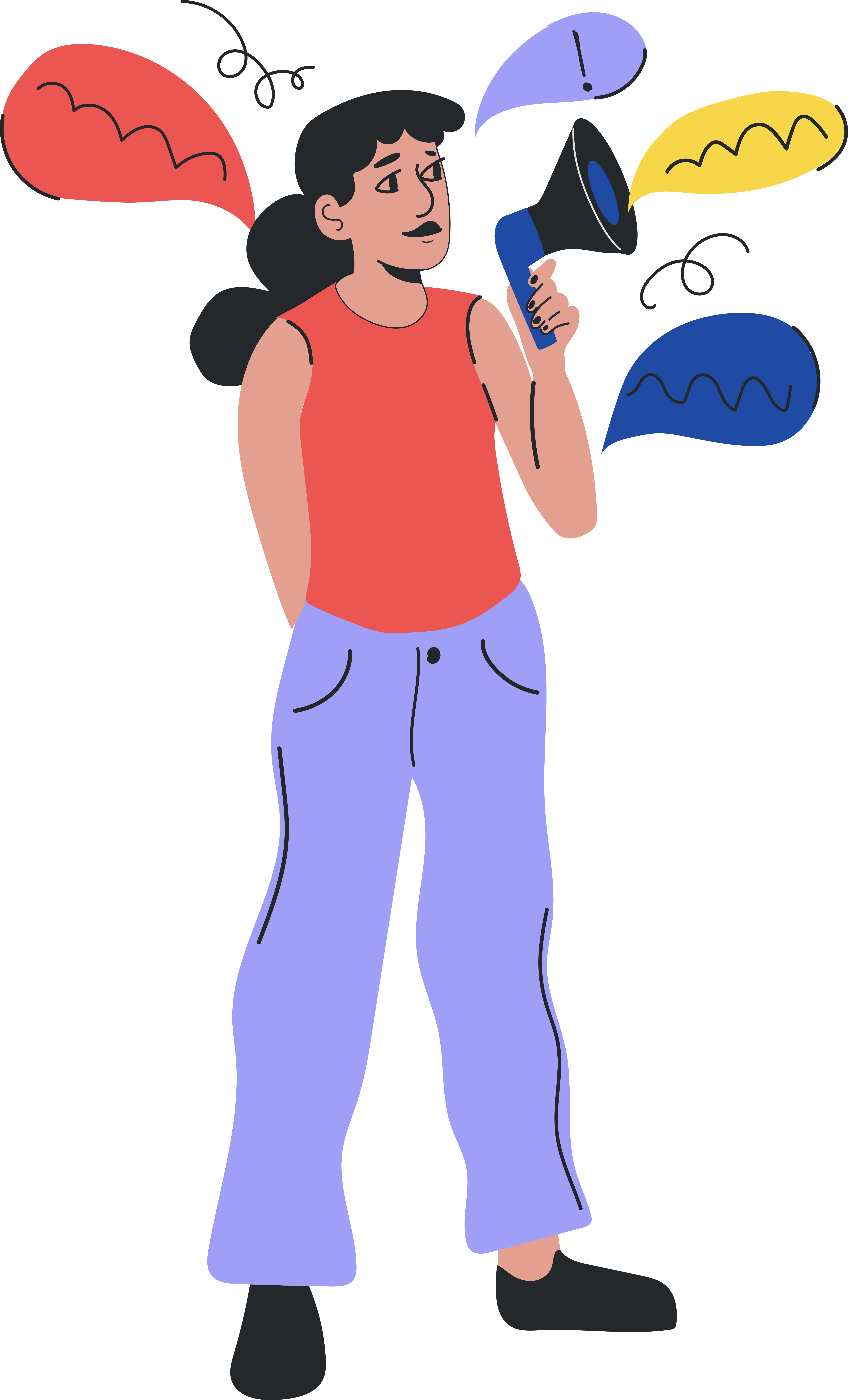 illustration of women with black hair holding a megaphone