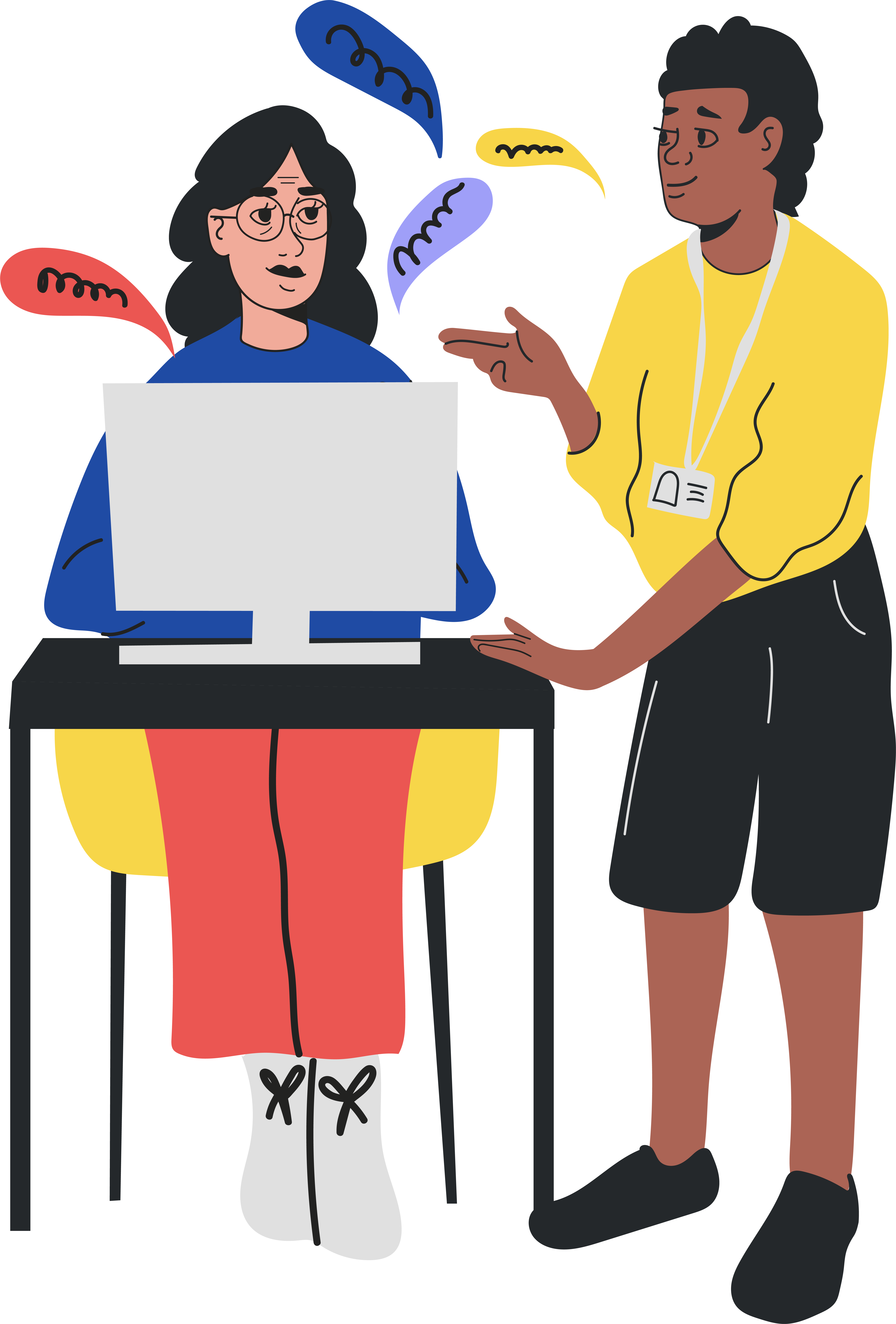 two illustrated people looking over a laptop talking